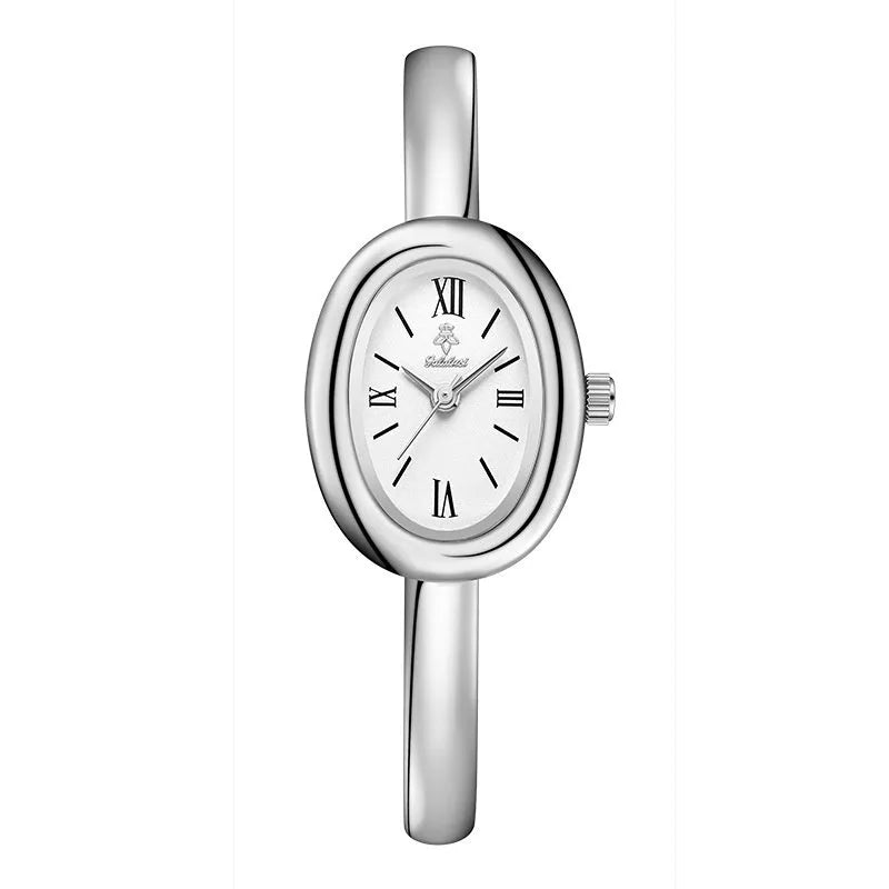 Women's oval retro quartz watch in gold colour with slim 8mm case thickness