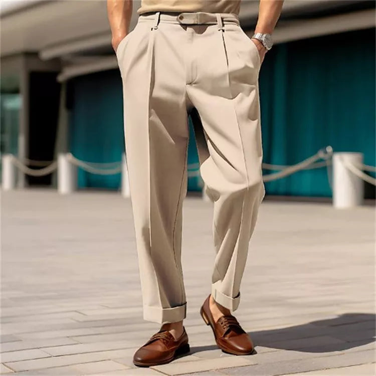 Men's straight fit casual trousers in white, black, and khaki with mid-waist button