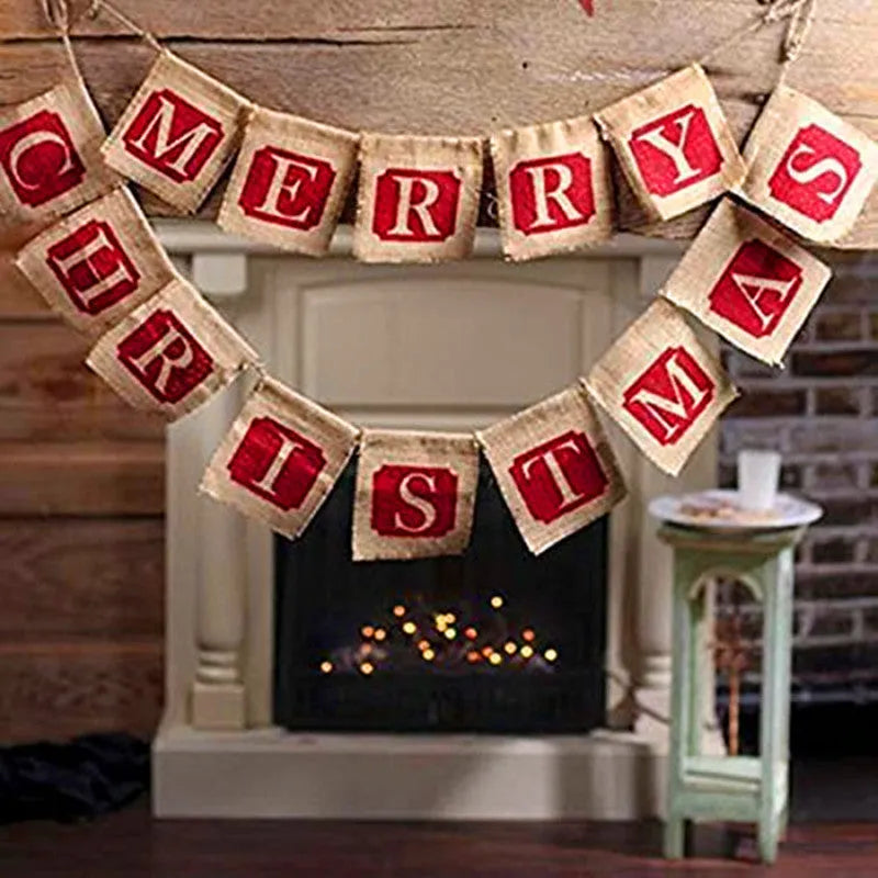 Christmas Sackcloth Flag Banner Decoration with Burlap String and 14 Pieces Flags in Brown and Red Colour for Festive Party Decor