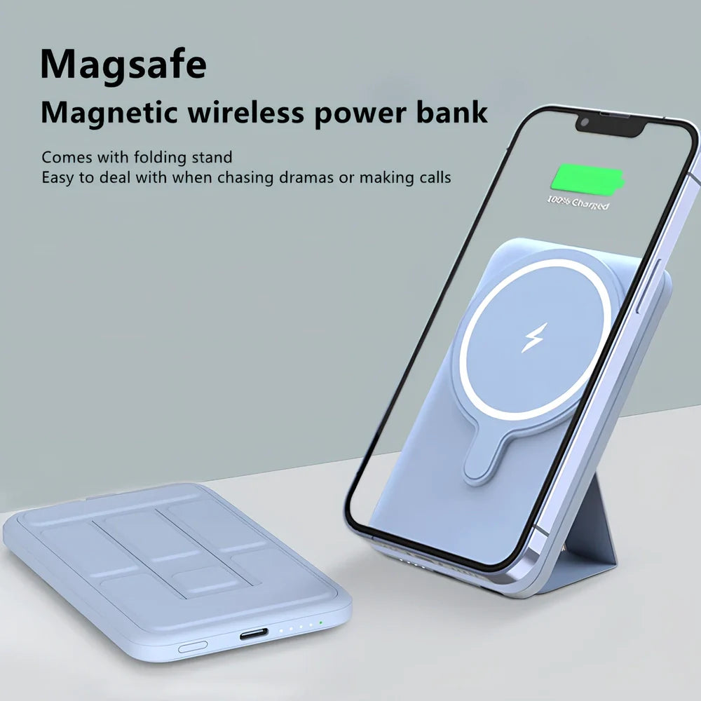 White Magsafe magnetic power bank showing magnetic charging side and USB ports