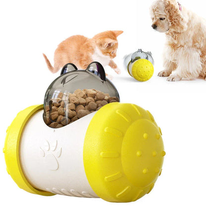 Colorful interactive food dispensing toy for cats and dogs, designed to engage and enrich your furry friend's mealtime experience