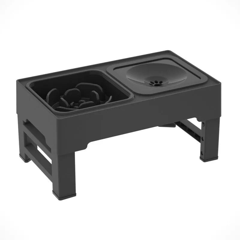 Dog double bowls stainless steel adjustable height elevated feeding stand for large dogs, designed to protect cervical spine and aid bone development with 6cm, 19.5cm and 26cm adjustable height options in black or grey.