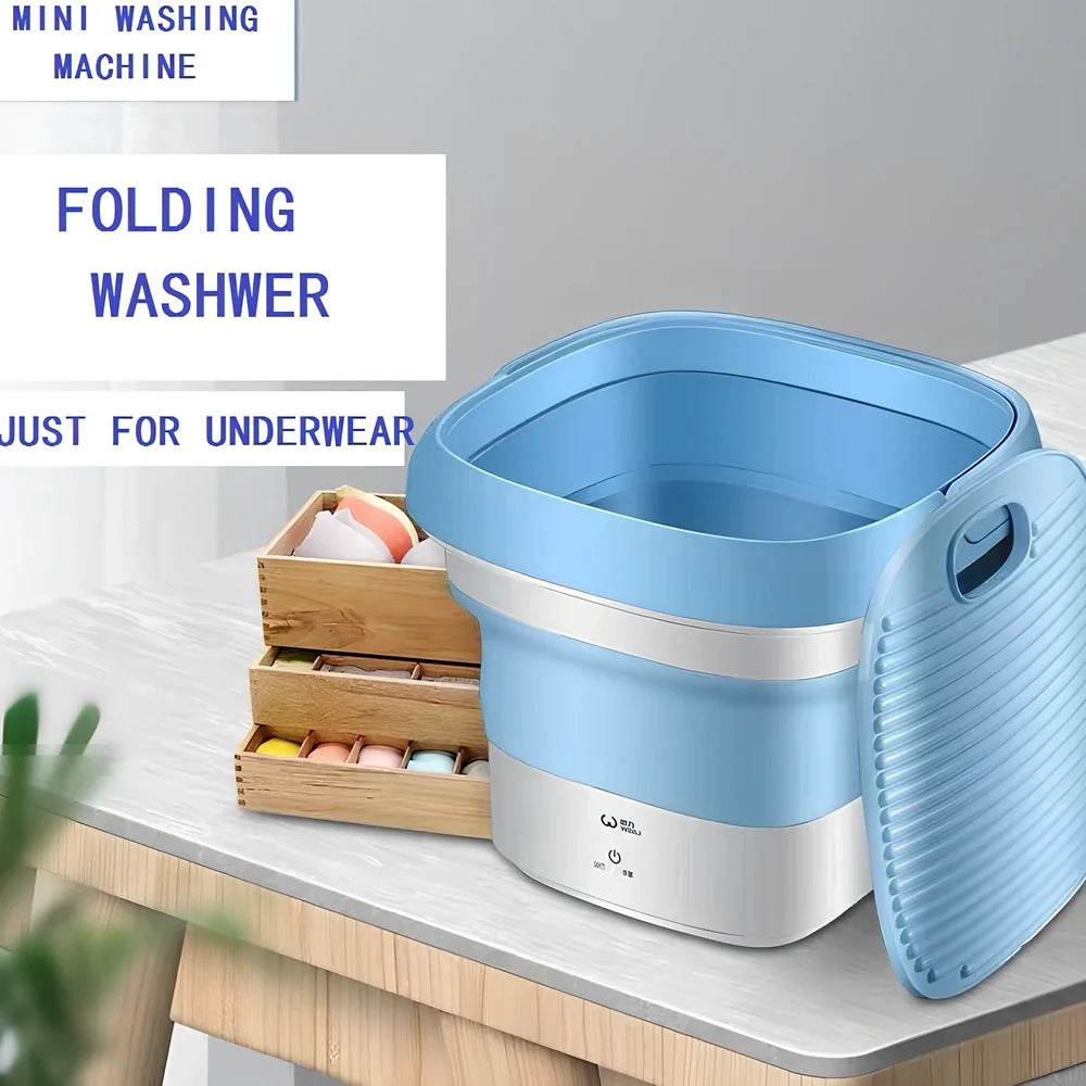 Blue Weili BX-3 folding washing machine unfolded, 0.8kg tub capacity, plastic portable design for small laundry loads