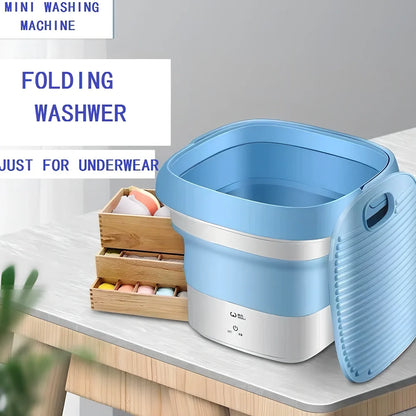 Blue Weili BX-3 folding washing machine unfolded, 0.8kg tub capacity, plastic portable design for small laundry loads