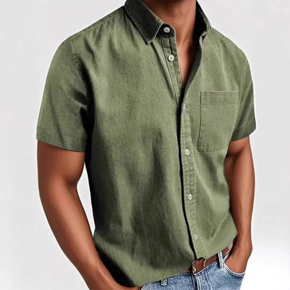 Men's loose fit single-breasted short sleeve shirt in a cotton blend fabric, shown in multiple colour options.