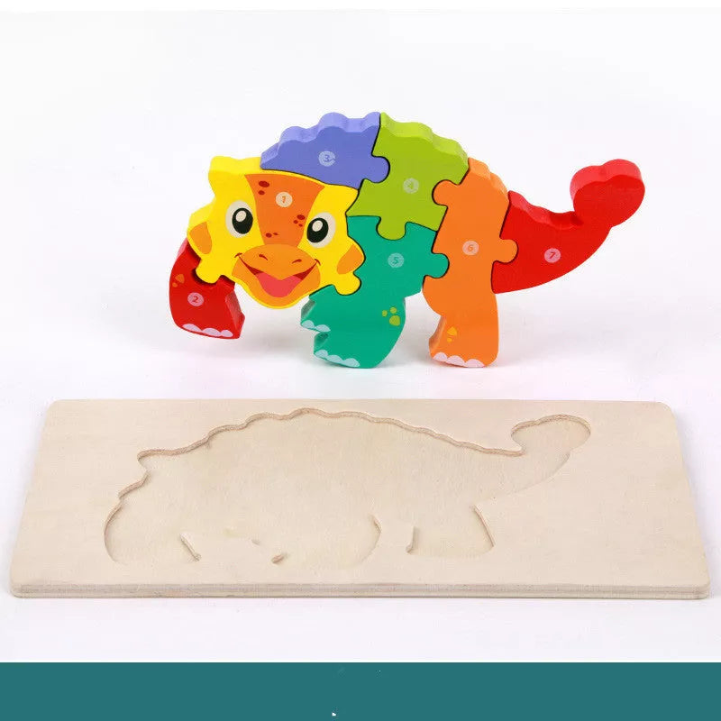 Wooden dinosaur 3D puzzle set for kids, including six different dinosaur models