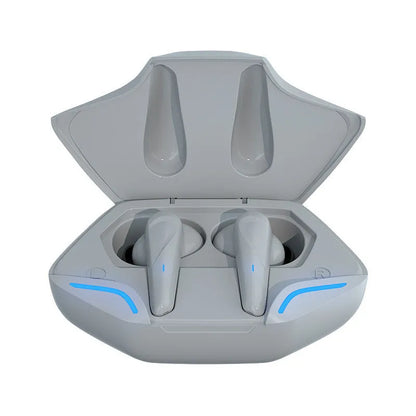 Wireless Bluetooth gaming headset in black colour with charging cabin, showing compact 22mm x 36mm x 25mm earpiece size