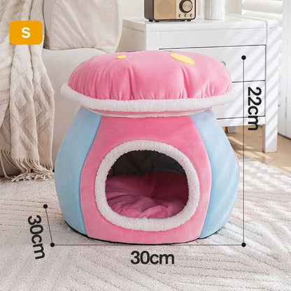 Grey mushroom-shaped cat bed with detachable thermal blanket showing 2.5cm thick plush interior