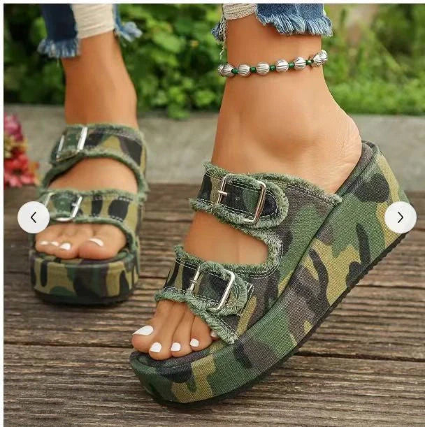 Women's denim buckle wedge sandals with thick foam sole in multiple colors