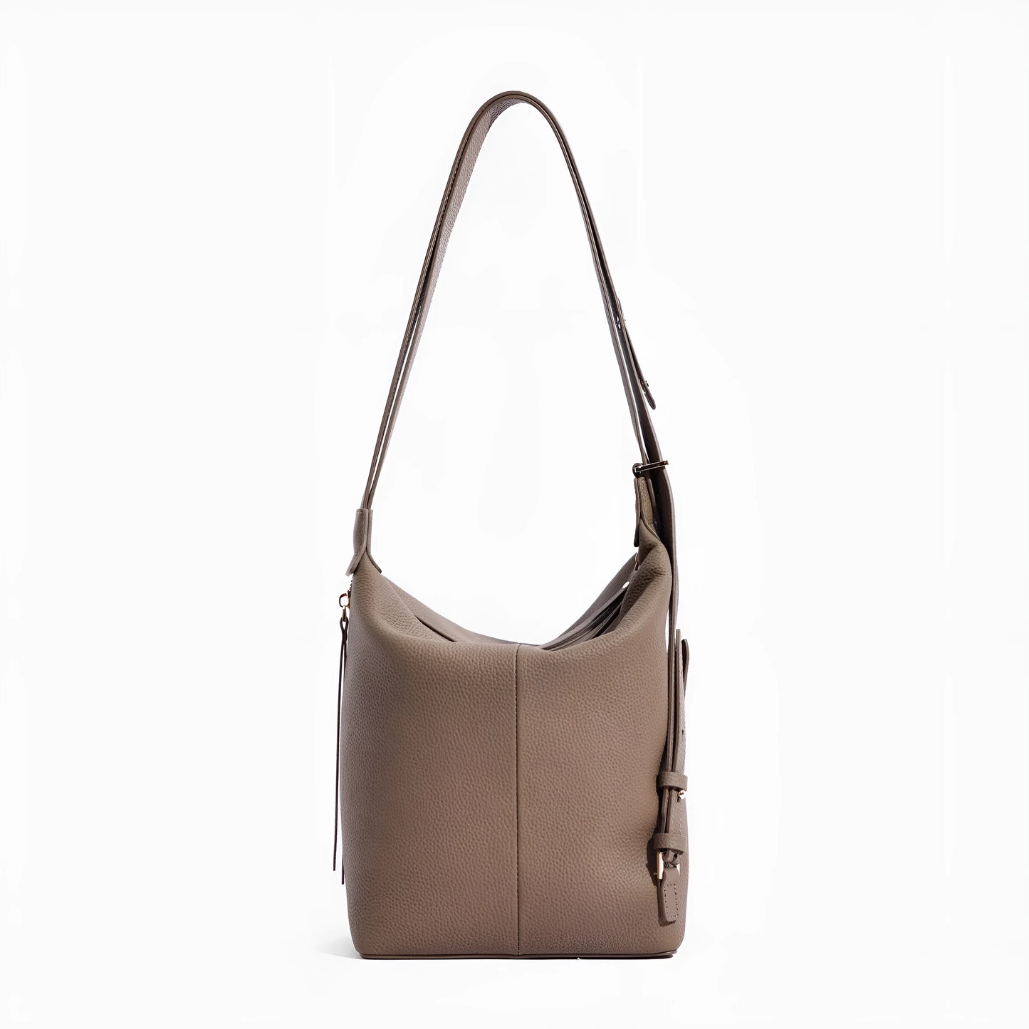 Women's genuine cowhide leather bucket bag in elephant grey colour showing soft texture and large capacity design