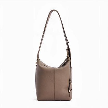 Women's genuine cowhide leather bucket bag in elephant grey colour showing soft texture and large capacity design