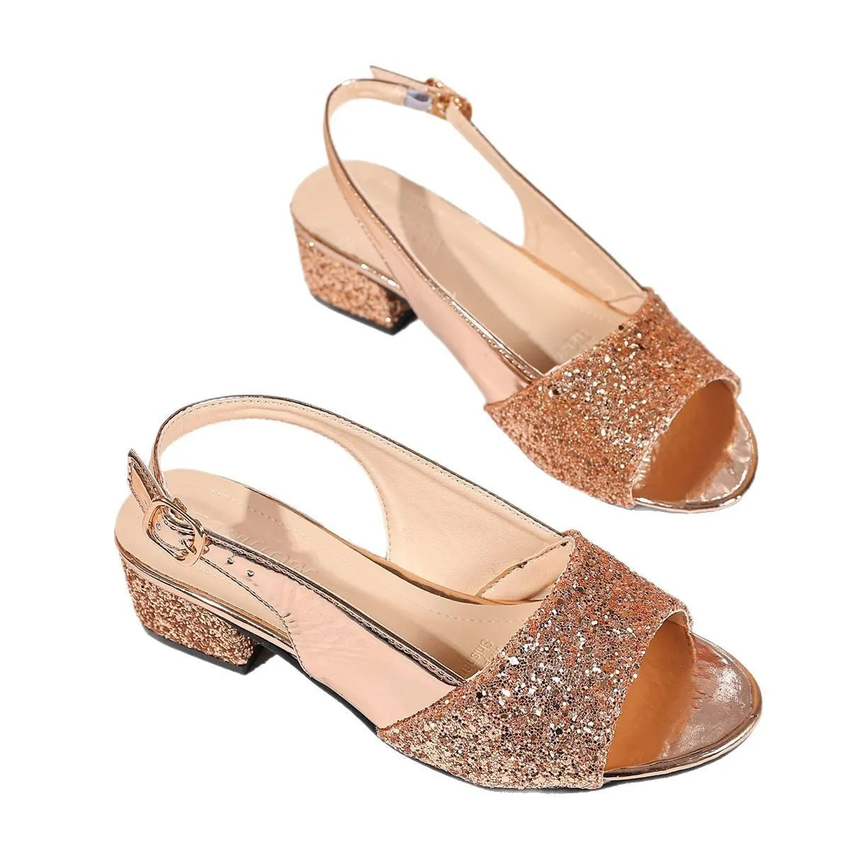 Gold open toe sandals with a fish mouth buckle on a rubber sole, showing size range 35-43.