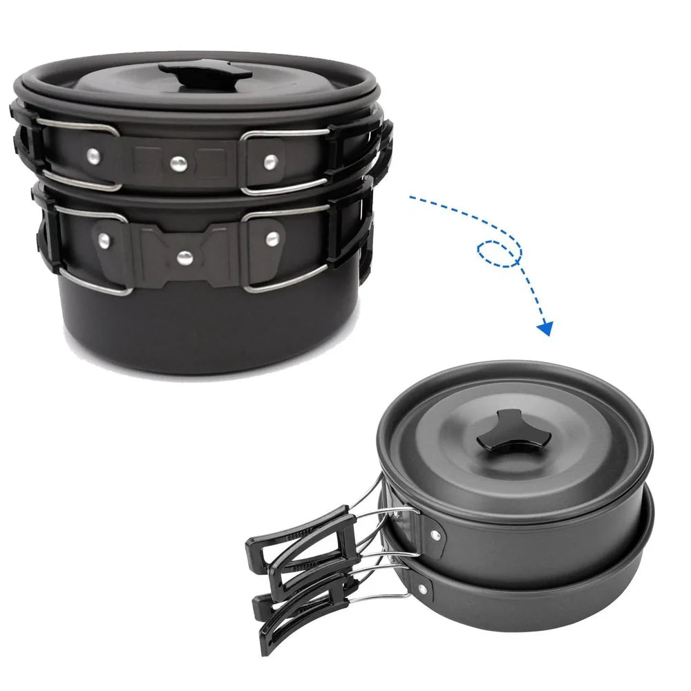 Outdoor camping cookware set with saucepan, frying pan, teapot, and stainless steel cups in mesh storage bag