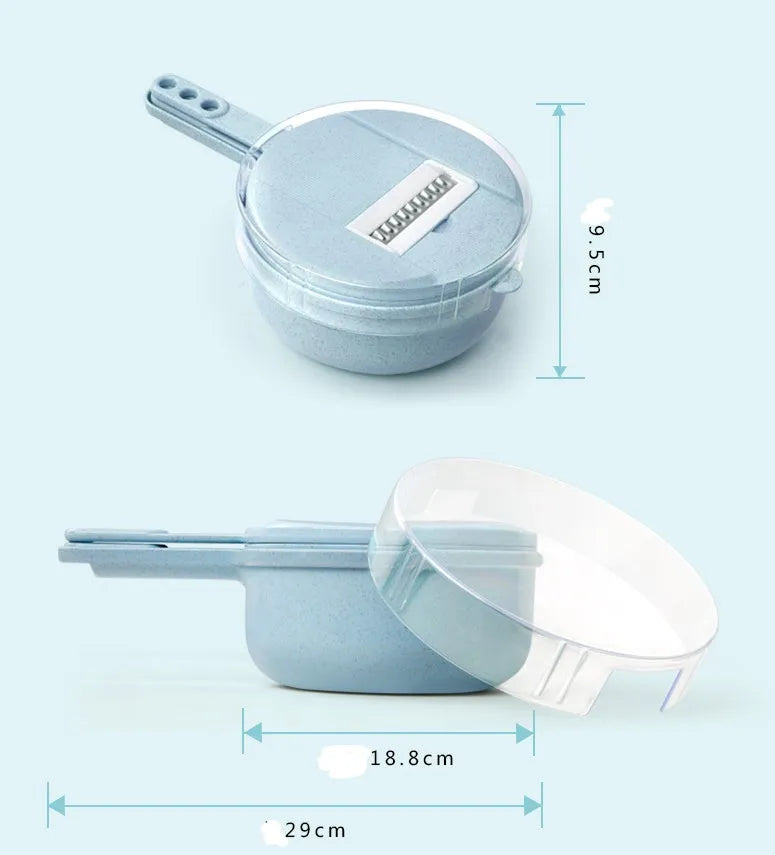 Blue 8-in-1 mandoline slicer set with stainless steel blades, hand guard and kitchen tools