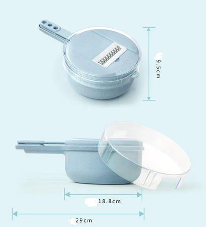 Blue 8-in-1 mandoline slicer set with stainless steel blades, hand guard and kitchen tools