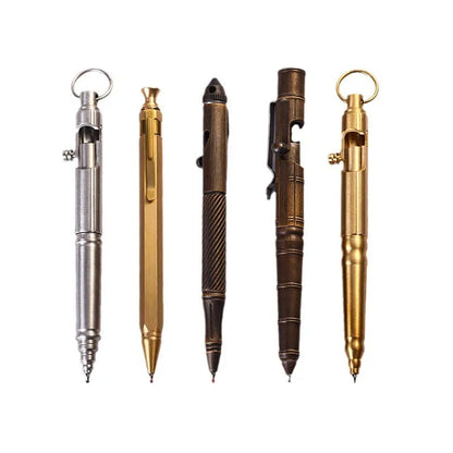 Brass tactical pen with press bolt mechanism showing cylindrical design and six ring details