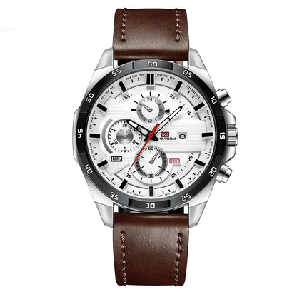 Men's business calendar waterproof quartz watch showing nine colour variants with 10mm thickness