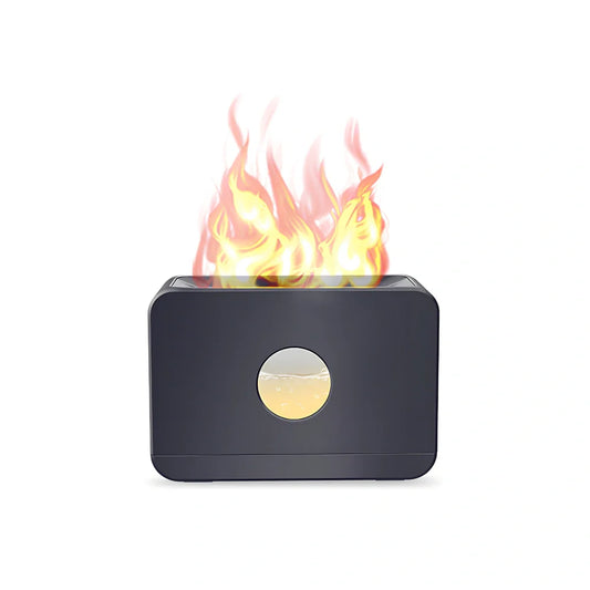 Square two-colour flame aromatherapy humidifier showing mist output and LED lighting effects