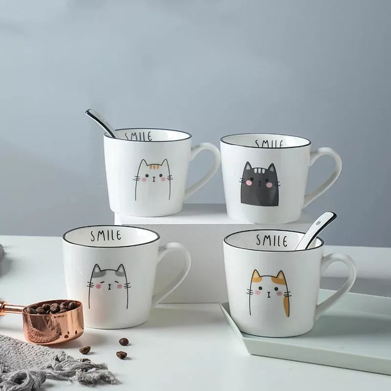Ceramic coffee cup with cartoon cat design, perfect for couples and coffee enthusiasts