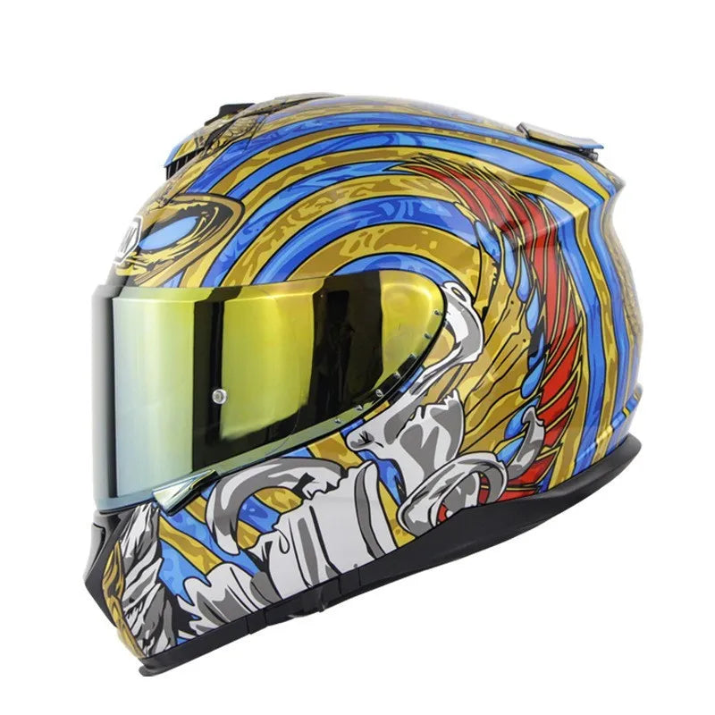 Motorcycle full face helmet with double lens in ABS construction showing colour variant options
