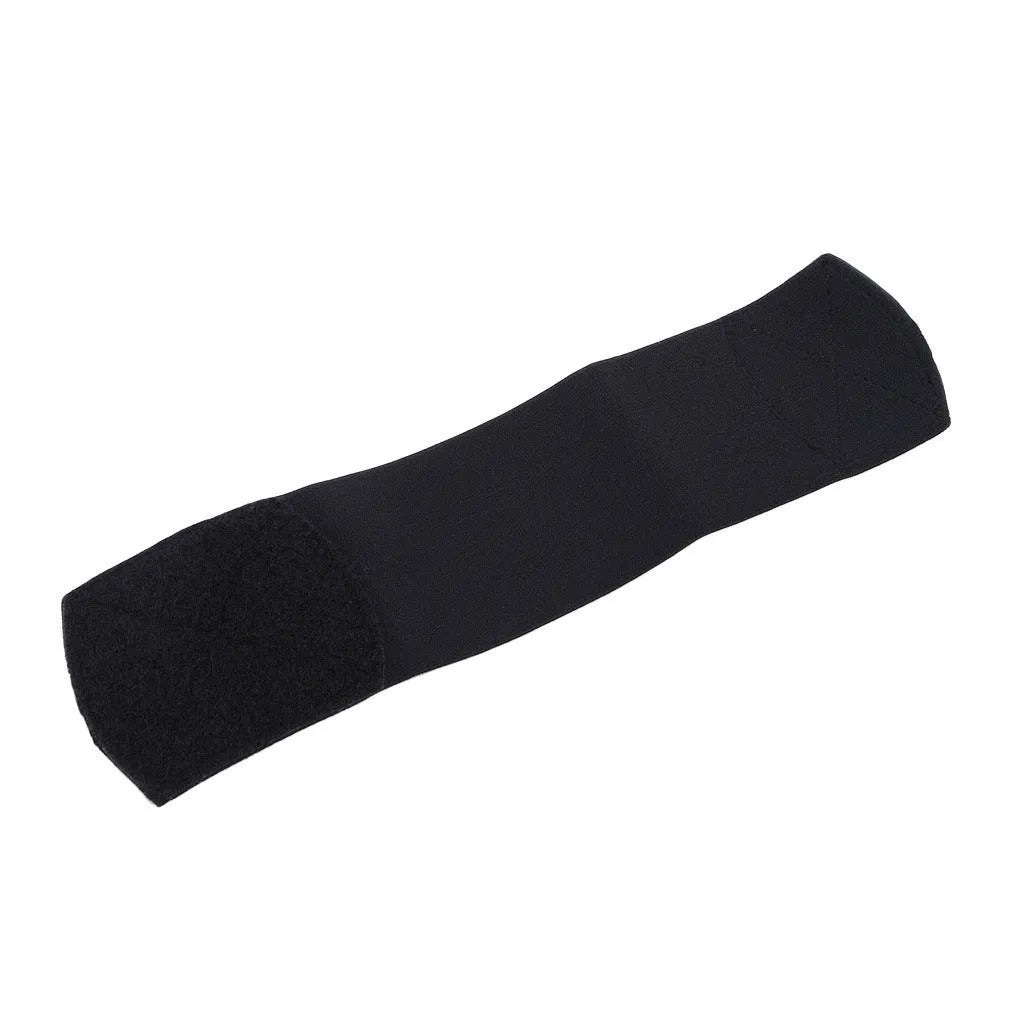 Rubber shin guard strap for football in red, shown securing a shin pad.