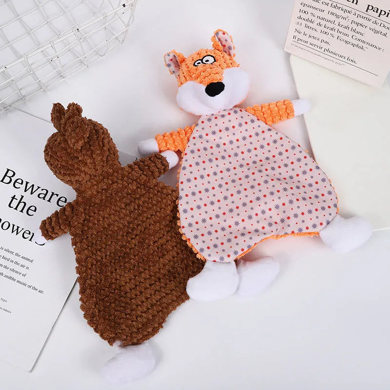 Brown velvet fox stuffed toy with crinkle paper sounds for pets