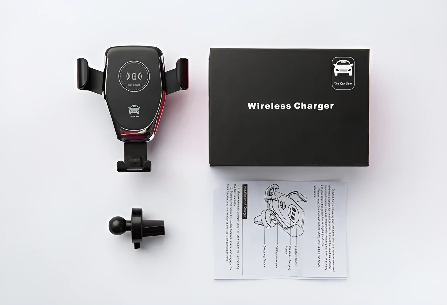 Black car phone mount with automatic clamp holding an iPhone on a car air vent, charging wirelessly.