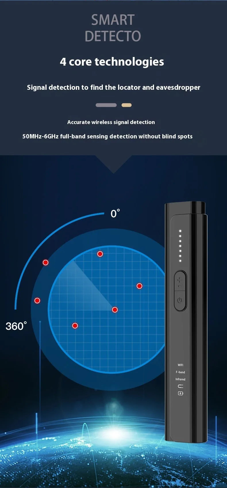 Black and silver handheld Signal Search anti spy camera detector on a plain background.