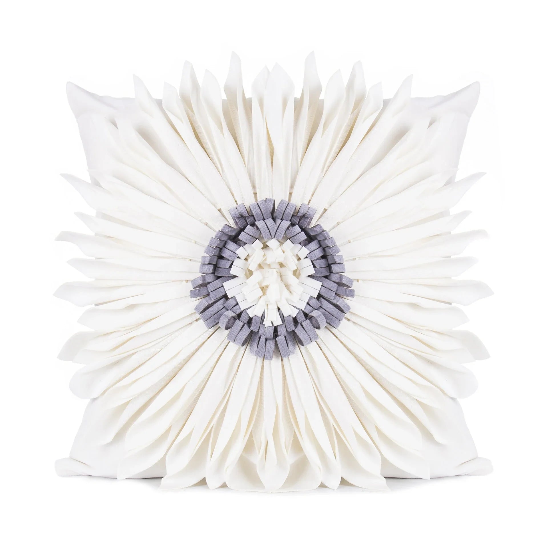 Stylish velvet throw pillows with 3D chrysanthemum embellishments in blue, yellow, pink, and white colors