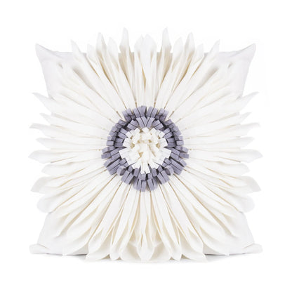 Stylish velvet throw pillows with 3D chrysanthemum embellishments in blue, yellow, pink, and white colors