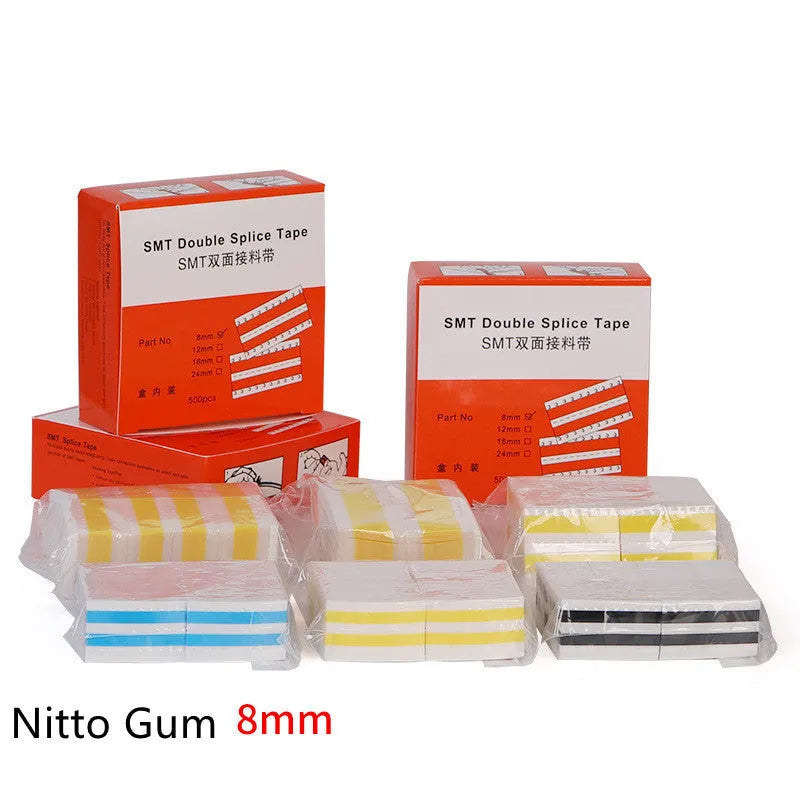 Reels of yellow, black, blue, and beige double-sided splicing tape for SMT placement machines in various widths.