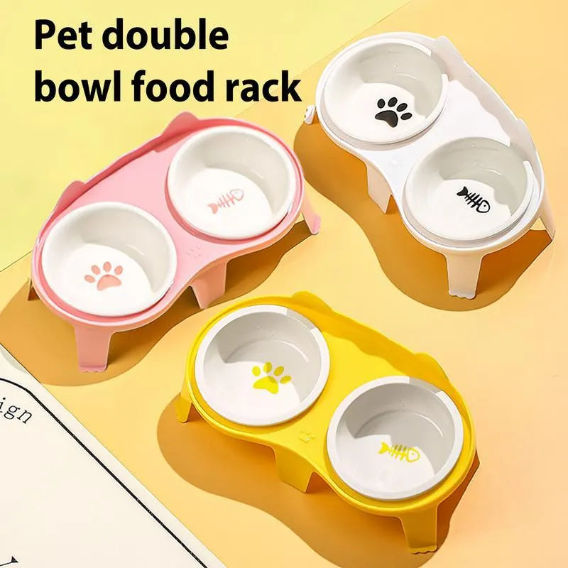 Ceramic cat bowl set with elevated stand in blue, pink, white, or yellow