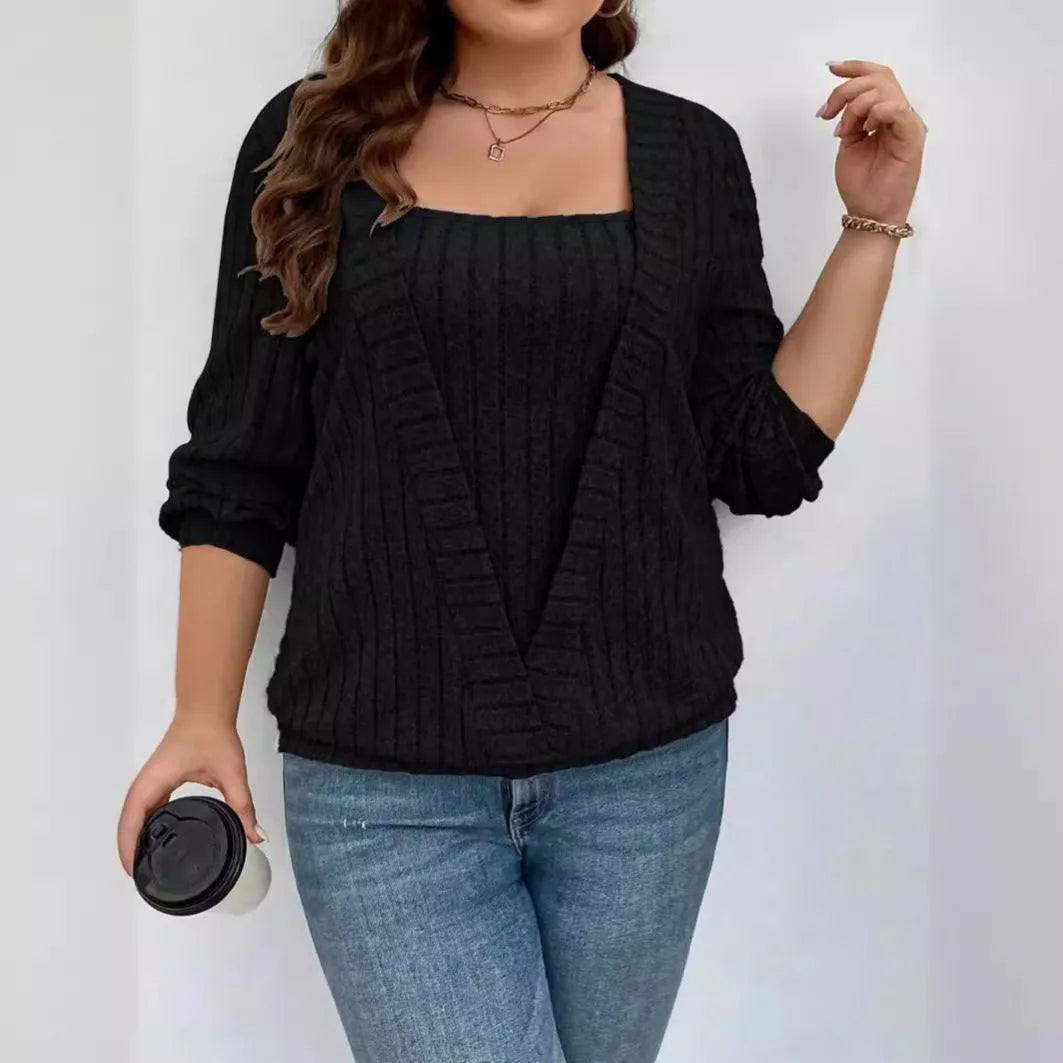 Solid colour rib fabric V-neck long sleeve false two-piece suit in loose fit with regular sleeves