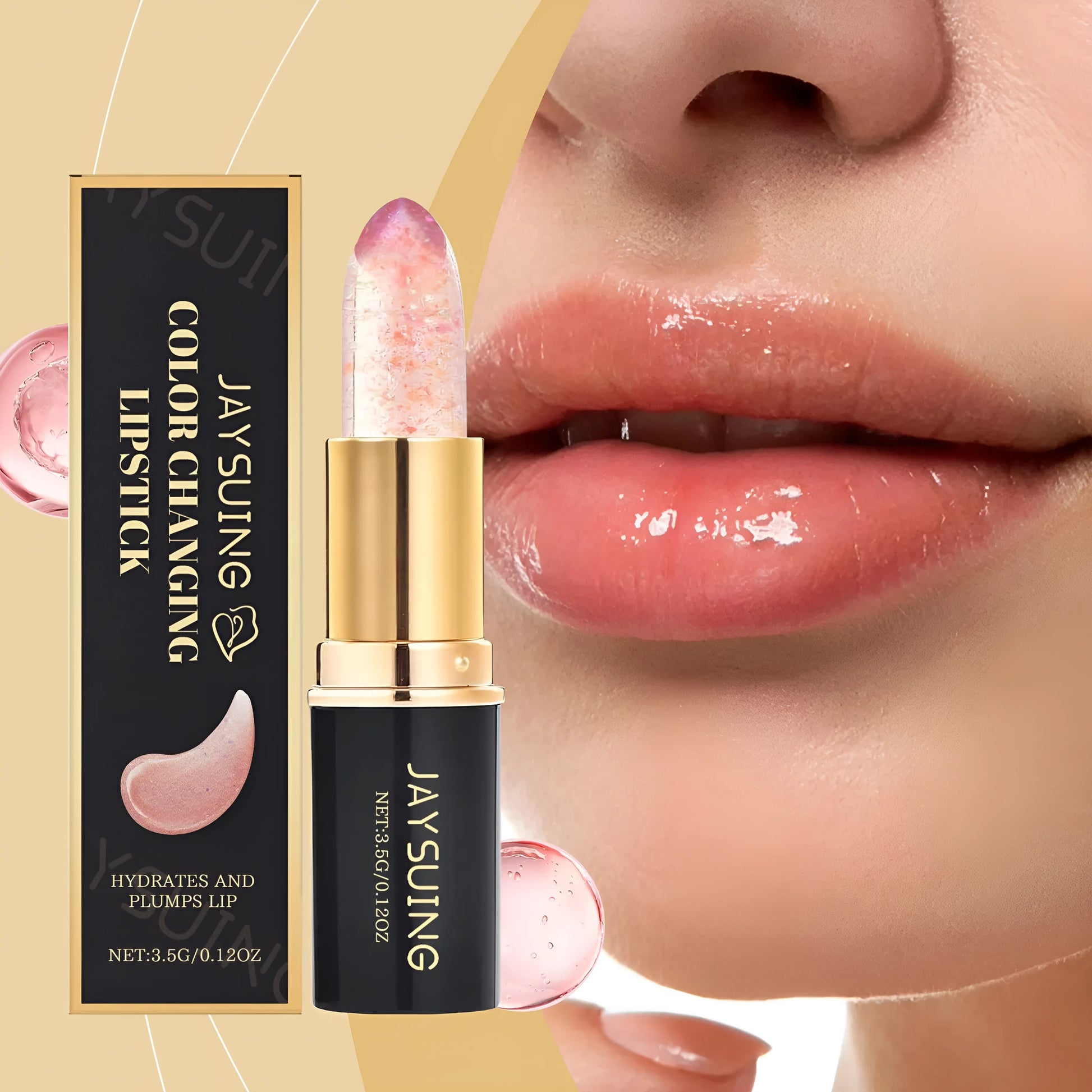 3.5G tube of moisturising brightening colour changing lipstick on a pink background.