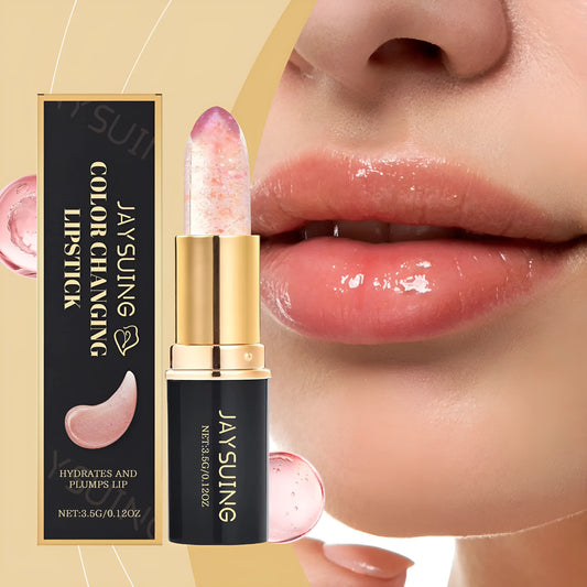 3.5G tube of moisturising brightening colour changing lipstick on a pink background.