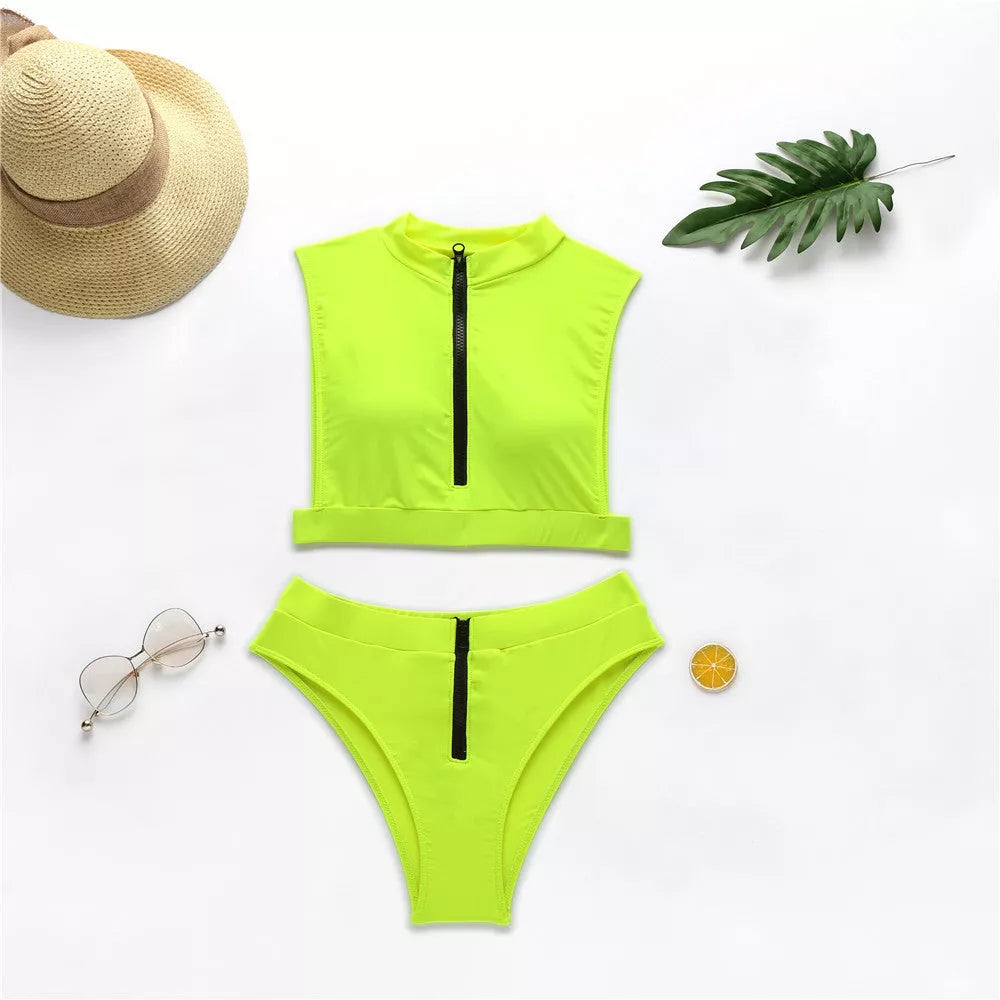 Fluorescent solid bikini swimsuit in yellow, green, and pink, sizes S, M, L