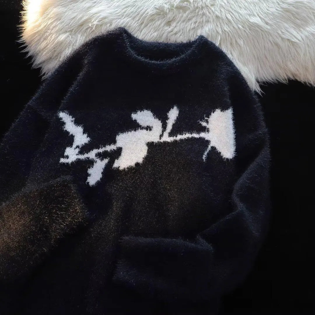 Men's black pullover sweater with flocking horse graphic on chest, long sleeves