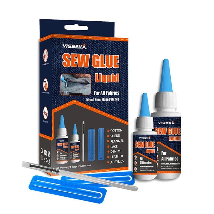Clothing repair glue kit with two bottles of glue, fixing clips, and applicator pen for easy fabric repairs