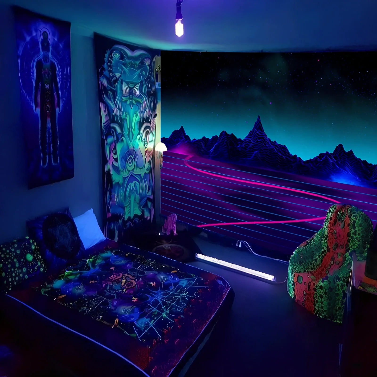 Fluorescent tapestry wall hanging with glow properties in multiple sizes from 150x100cm to 230x180cm