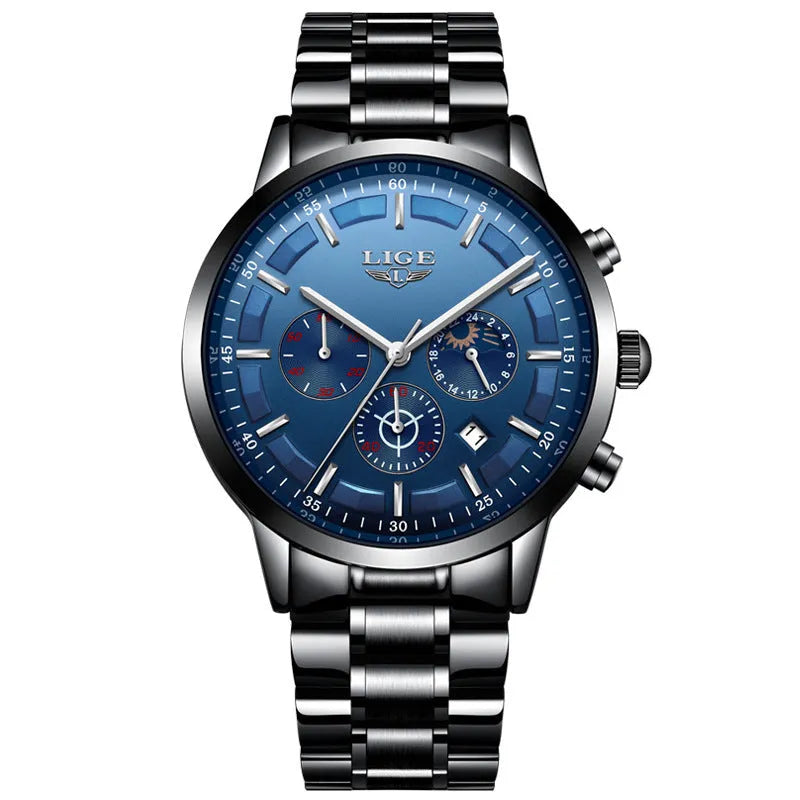 Men's waterproof quartz sports watch with moon display in black and rose red gold
