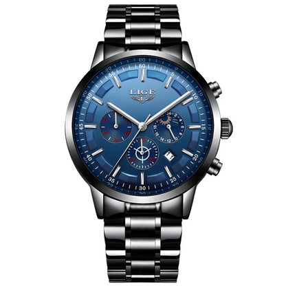 Men's waterproof quartz sports watch with moon display in black and rose red gold