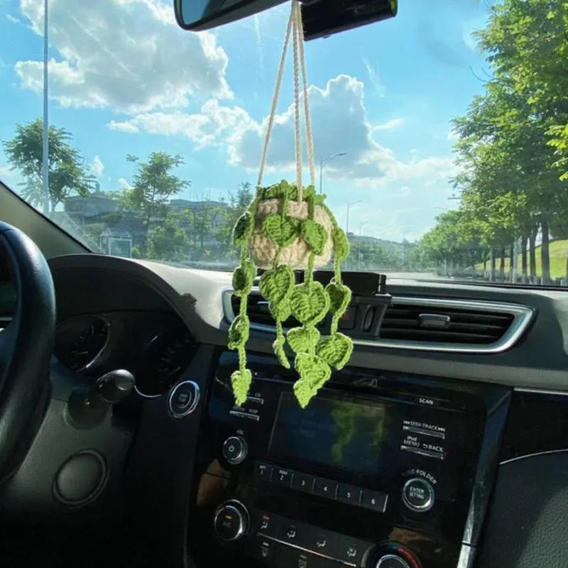 Green and white knitting wool car plant decoration with 8cm base and 25cm hanging rope