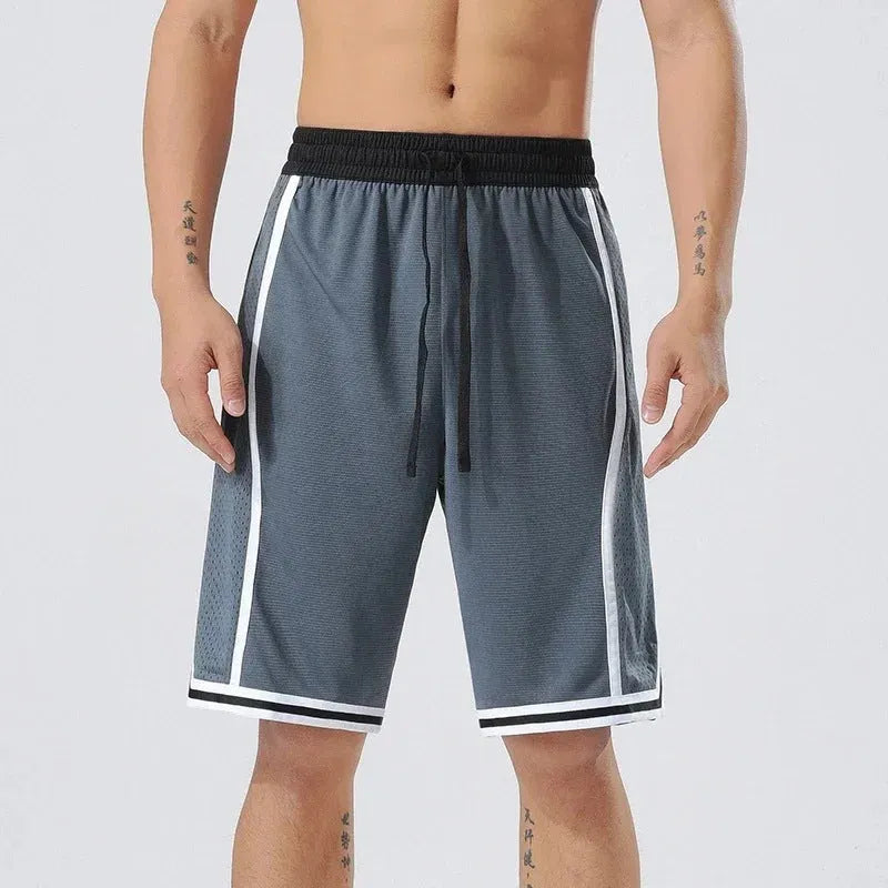 Men's summer sports training shorts in straight-leg polyester with micro-elastic fabric for gym workouts, running, and athletic training available in sizes from XS to 5XL with multiple solid colour options.