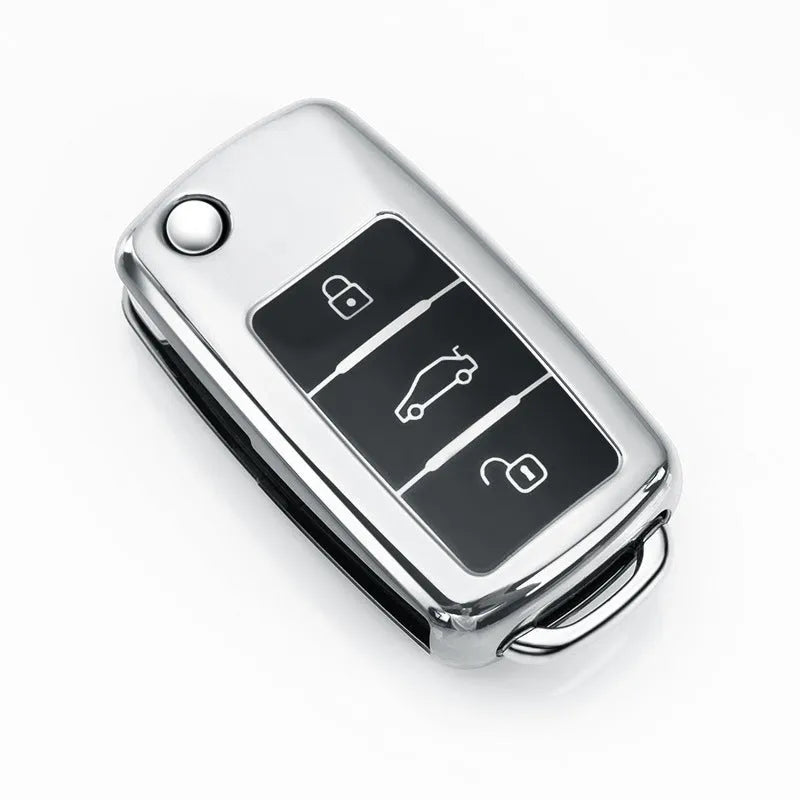 TPU car key bag in gem blue with folding design for three keys, showing single-shell construction