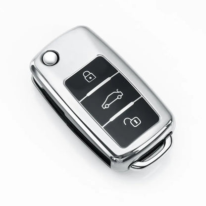 TPU car key bag in gem blue with folding design for three keys, showing single-shell construction