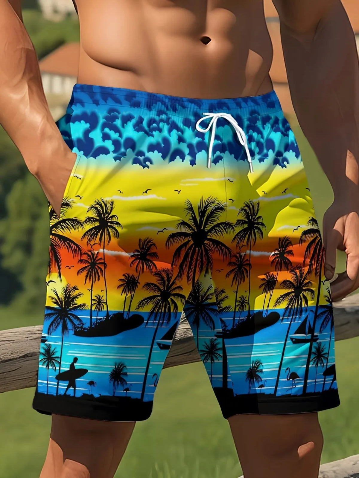 Men's micro-elastic quick-drying swimming trunks in polyester fabric showing colour and fit details