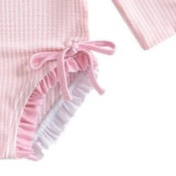 Girls' striped jumpsuit with matching hat in pink, violet, or sapphire blue for swimming
