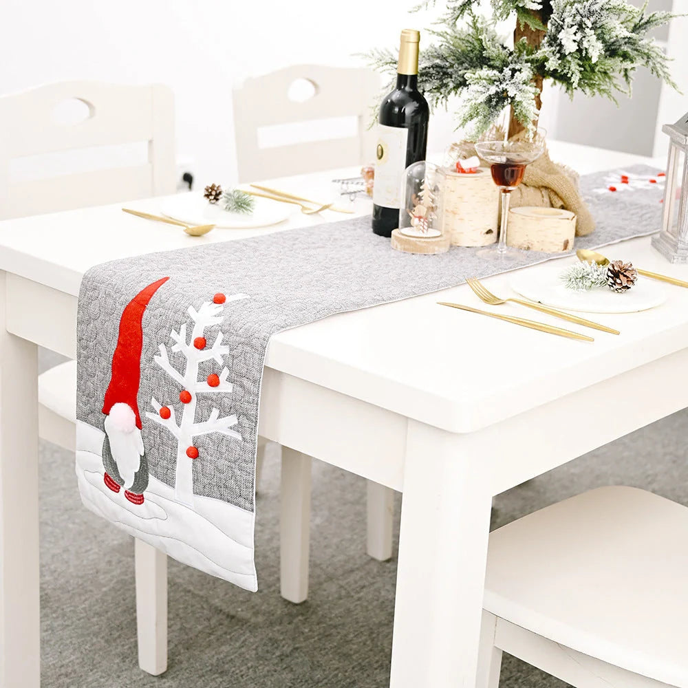 Gray Christmas gnome plush doll table runner for festive holiday decor