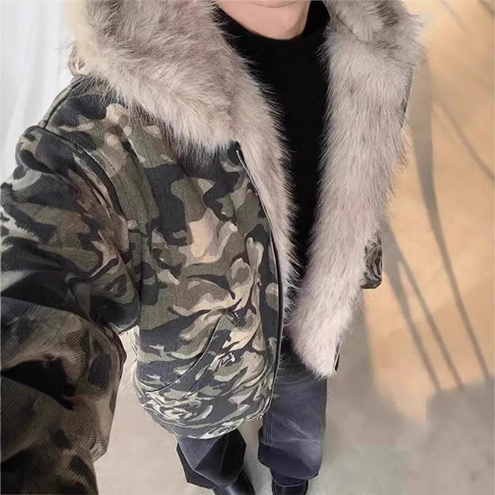 Men's retro washed camouflage hooded jacket with fur collar, thickened cotton coat, loose fit, sizes S to XXXL