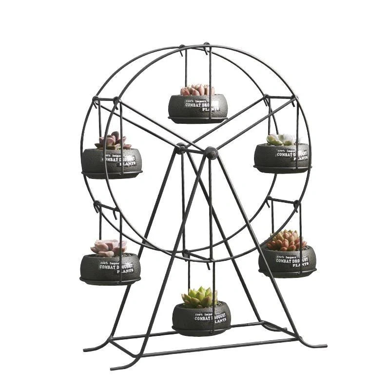 Ferris Wheel stand with 6 cement succulent plant pots in various colors